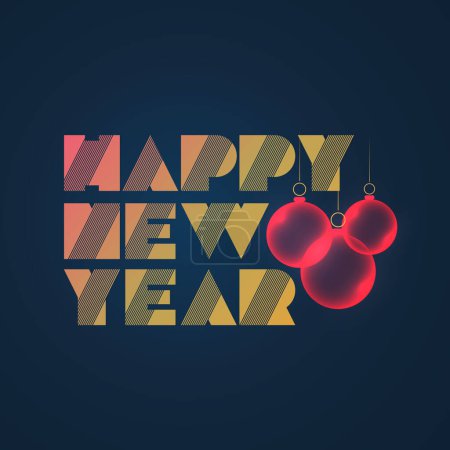 Illustration for Dark Golden Retro Style Art Deco Happy New Year Type Script Template, Multipurpose Holiday Greetings Typography Design with Christmas Balls, Globes on Blue Background - Royalty Free Image