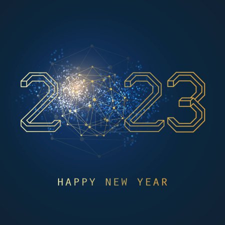 Illustration for 3D Line-art Style Golden and Dark Blue Modern Happy New Year Greeting Card, Creative Vector Design Template with Polygonal Globe - Multipurpose Vector Banner, Typography Template for Web, Year 2023 - Royalty Free Image