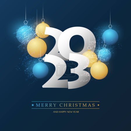 Téléchargez les illustrations : Meilleurs vœux - Joyeux Noël blanc, doré et bleu et bonne année carte de vœux avec boules de Noël, modèle de conception créative - 2023 - en licence libre de droit