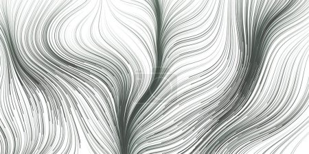 Ilustración de Movimiento en blanco y negro, flujo de partículas en curvas, líneas onduladas - Diseño de fondo geométrico 3D abstracto futurista generado digitalmente, arte generativo, plantilla en formato vectorial editable - Imagen libre de derechos