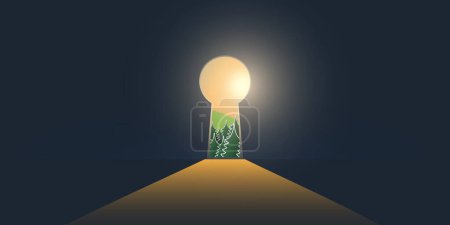 Illustration for Hope, Curiosity, Dreaming or New Idea Concept - Key Hole on Dark Blue Wall with Glowing Sun Light, Nature, Pine Forest on the Other Side-Final Remedy Concept, Template,Vector Design in Editable Format - Royalty Free Image