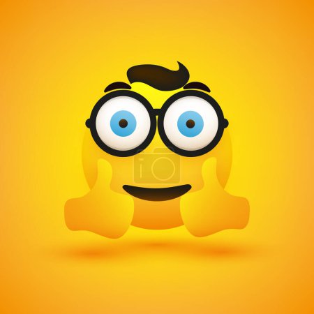 Illustration for Positive, Smiling Very Satisfied Young Nerd Emoji with Round Glasses Showing Double Thumbs Up on Yellow Background - Vector Symbol Design for Web, Social Media and Instant Messaging Apps - Royalty Free Image
