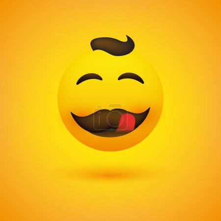 Illustration for Smiling, Mouth Licking Male Emoji with Mustache and Hair - Simple Happy Emoticon on Yellow Background - Vector Design for Web and Instant Messaging - Royalty Free Image
