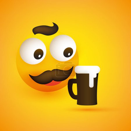 Ilustración de Sonriente amante de la cerveza feliz - Emoji simple 3D, Emoticon con ojos pop out, bigote y una taza de cerveza en el fondo amarillo - Diseño de vectores para Web y mensajería instantánea - Imagen libre de derechos