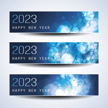Illustration for Set of Sparkling Shimmering Ice Cold Blue Horizontal Christmas, Happy New Year Headers or Banners for Web, Vector Design Template - 2023 - Royalty Free Image