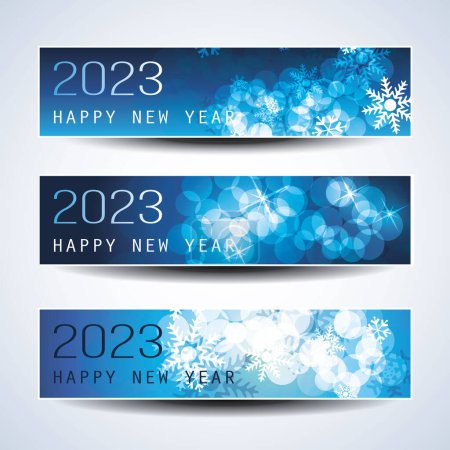 Téléchargez les illustrations : Ensemble de Noël horizontal bleu glacial scintillant, en-têtes ou bannières de bonne année pour le Web, modèle de conception vectorielle - 2023 - en licence libre de droit