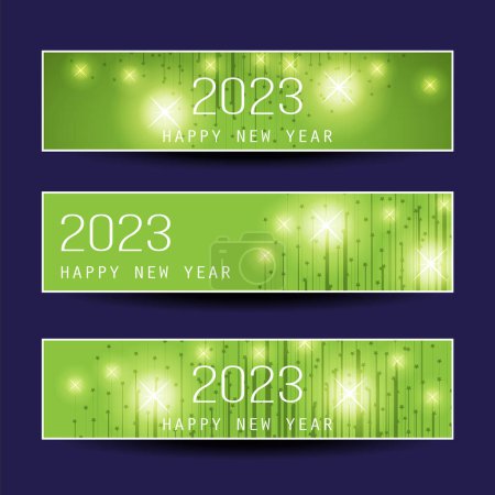 Illustration for Set of Green Shimmering Horizontal Christmas, Happy New Year Headers or Banners Design for Web - 2023 - Royalty Free Image