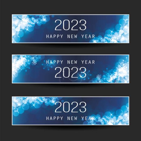 Illustration for Set of Sparkling Shimmering Ice Cold Dark Blue Horizontal Christmas, Happy New Year Headers or Banners for Web, Vector Design Template - 2023 - Royalty Free Image