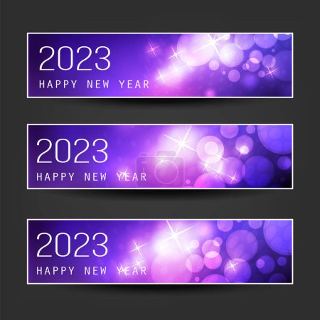 Illustration for Set of Sparkling Shimmering Ice Cold Purple Horizontal Christmas, Happy New Year Headers or Banners for Web, Vector Design Template - 2023 - Royalty Free Image