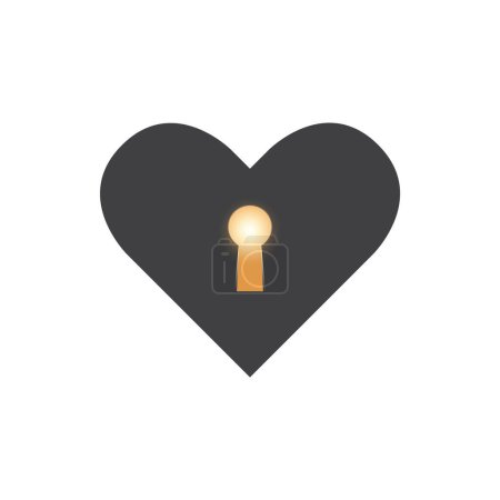 Ilustración de Corazón negro con ojo de cerradura - Símbolo del corazón aislado, encontrar la clave para el amor - Icono negro de la relación segura y secreta - Corazón romántico abierto - Diseño vectorial - Imagen libre de derechos