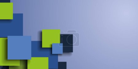 Ilustración de Patrón de cuadrados azules y verdes con sombras de caída - Fondo abstracto, portada o plantilla de presentación, Diseño creativo para Web - Formas geométricas 3D superpuestas en blanco con espacio de copia, lugar para el texto - Imagen libre de derechos