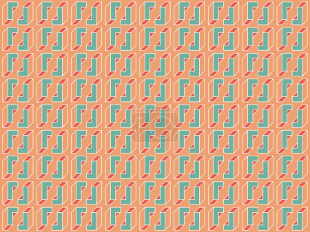 Ilustración de Orange, Green and Red Minimalist Modern Style 3D Seamless Transparent Line-art Mosaic Pattern, L-shaped Rectangles, Cuboids  - Editable Abstract Dark Geometric Background Design, Vector Template - Imagen libre de derechos