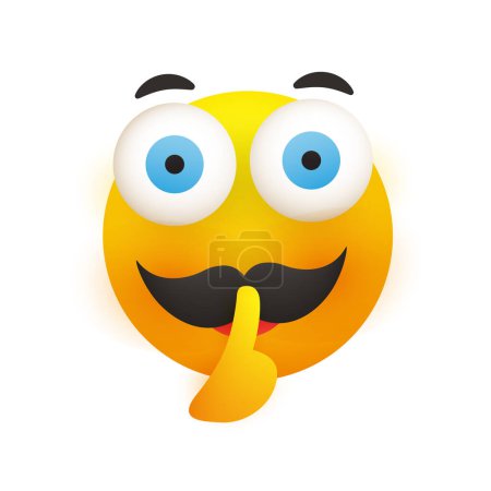 Shushing Serious Male Face with Mustache and Big Open Eyes Gesturing - Asking for Do Not Be Loud, Showing Make Silence Sign - Simple Emoticon for Instant Messaging on White Background - Vector Design