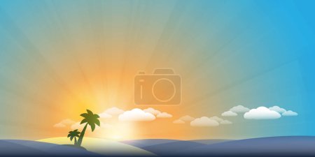 Téléchargez les illustrations : Colorful Summer Tropical Beach Background - Beach, Sunshine, Sunset or Sunrise, Sand and an Island with Palm Trees - Eps10 Creative Stock Vector Illustration - en licence libre de droit
