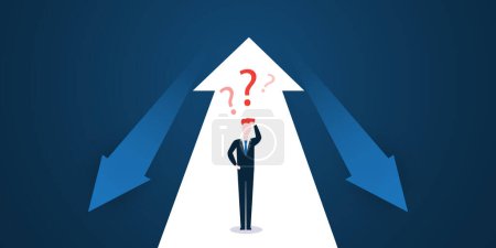 Téléchargez les illustrations : Choice, Ways, Directions - Design Concept Vector - Decisions, Businessman Deciding, Trying to Figure Out the Next Step - Man Standing in Front of Big Up Down Arrows of Pointing to Possible Directions - en licence libre de droit