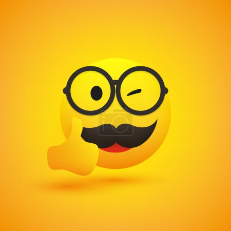 Téléchargez les illustrations : Smiling Emoji - Simple Happy Winking Emoticon with Mustache, Glasses and Showing Thumbs Up - Vector Design - en licence libre de droit