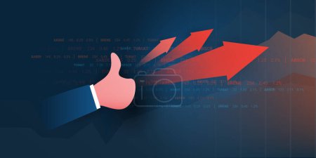 Ilustración de Great Growth, Success in Business - Vector Illustration of Big Red Up Arrows, Diagram, Chart of Stock Data ,Growing Trendand Results with Businessman's Arm Showing Thumbs Up - Business Design Concept - Imagen libre de derechos