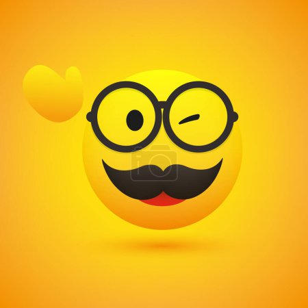 Illustration for Smiling Emoji - Simple Happy Male Emoticon with Glasses, Waving Hand, Winking Eye and Mustache on Yellow Background - Vector Design for Web and Instant Messaging Apps - Royalty Free Image