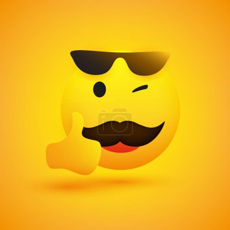 Illustration for Smiling Emoji - Simple Happy Winking Yellow  Emoticon with Mustache and Sunglasses Showing Thumbs Up - Vector Design for Web and Instant Messaging Apps - Royalty Free Image