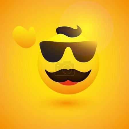 Illustration for Simple Happy Male Emoticon with Sunglasses, Waving Hand, Hair and Mustache on Yellow Background - Vector Design for Web and Instant Messaging Apps - Royalty Free Image