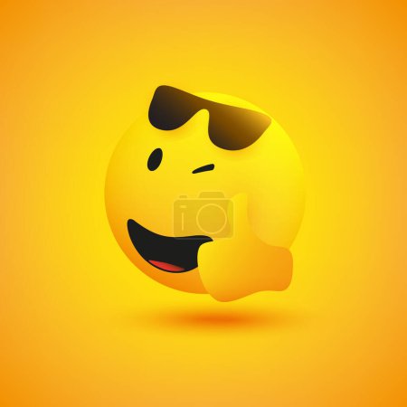 Illustration for Smiling and Winking Emoji Showing Thumbs Up Wearing Sunglasses on Head - Simple Shiny Happy Emoticon on Yellow Background - Vector Design for Web or Instant Messaging Apps - Royalty Free Image