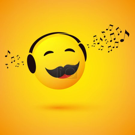 Illustration for Smiling Emoji with Closed Eyes and Mustache, Enjoying Himself, Listening to Music - Male Emoticon, Face With Headphones On - Yellow Background, Vector Design Concept for Web and Instant Messaging Apps - Royalty Free Image