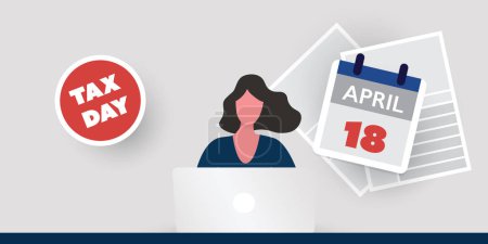 Illustration for Tax Day Reminder Concept - Using Internet, App, Web Site for Federal Income Tax Document Returns - Woman Behind a Laptop - USA Tax Deadline, Due Date:18th April, Year 2023 - Royalty Free Image