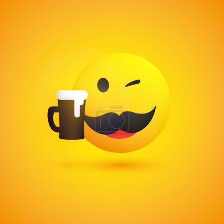 Illustration for Smiling Emoji - Simple Happy Winking Emoticon with Mustache and Beer Mug - Vector Design for Web and Instant Messaging Apps - Royalty Free Image