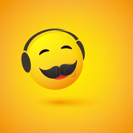 Téléchargez les illustrations : Smiling Emoji with Closed Eyes and Mustache, Enjoying Himself, Listening to Music - Male Emoticon, Face With Headphones On - Yellow Background, Vector Design Concept for Web and Instant Messaging Apps - en licence libre de droit