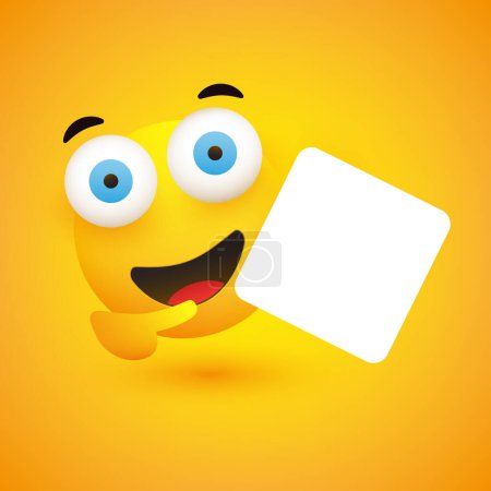 Illustration for Smiling Emoji with Big Open Eyes Holding and Pointing To a Big Blank White Square Shaped Card Board Inscription - Template Emoticon with Copyspace, Place, Room for your Text for Web and Advertising - Royalty Free Image