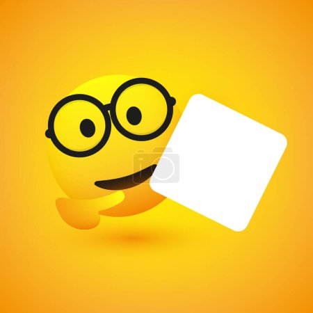 Illustration for Smiling Emoji with Round Glasses Holding and Pointing To a Big Blank White Square Shaped Card Board Inscription - Template Emoticon with Copyspace, Place, Room for your Text for Web and Advertising - Royalty Free Image