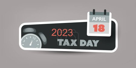 Illustration for Retro Style Horizontal Tax Day Reminder Concept Banner with Ringing Clock for Web Design - USA Tax Deadline Due Date for IRS Federal Income Tax Returns: 18th April, Year 2023 - Vector Template - Royalty Free Image