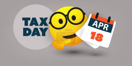 Ilustración de Tax Day Reminder Concept Design, Vector Template with Smiling Emoji Showing a Calendar Page, Day of USA Tax Deadline, Due Date for IRS Federal Income Tax Returns: 18th April, Year 2023 - Imagen libre de derechos
