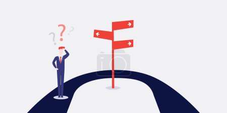 Illustration for No Choice, Only Backwards? -  Business or Career Decisions Design Concept with U Turn, Road Sign and Uncertain Man Thinking of His Options, What Way to Choose for the Future - Vector Illustration - Royalty Free Image