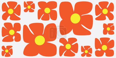 Illustration for Simple Retro Style Flowers Pattern - Summer or Sping Theme from the 60s, 70s - Red and Yellow Colored Bold Abstract Vintage Vector Background - Royalty Free Image