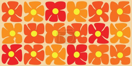 Illustration for Simple, Retro Style Flowers Pattern - Summer or Sping Theme from the 60s, 70s - Red, Brown, Orange Colored Bold Abstract Vintage Vector Background - Royalty Free Image