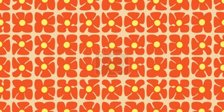 Illustration for Simple, Retro Style Flowers Seamless Pattern - Summer or Sping Theme from the 60s, 70s - Red and Yellow Colored Bold Abstract Vintage Vector Background - Royalty Free Image