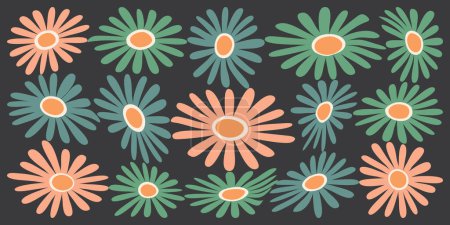 Ilustración de Flores coloridas grandes sobre fondo oscuro - Textura de estilo vintage, Fondo de patrón floral, Plantilla, Elemento de diseño en formato vectorial editable - Imagen libre de derechos