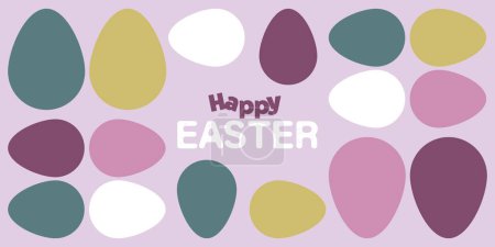 Ilustración de Happy Easter - Colorful Egg Patterned Geometric Abstract Style Greeting Card or Web Banner Design - Wide Scale Colored Easter Eggs Template, Perfect for a Poster, Cover, Banner or Postcard - Imagen libre de derechos