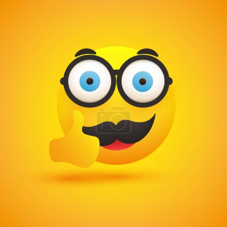Téléchargez les illustrations : Sourire Nerd Emoji - Simple Happy Male Emoticon avec des lunettes et de la moustache montrant pouces sur fond jaune - Conception vectorielle pour les applications Web et de messagerie instantanée - en licence libre de droit