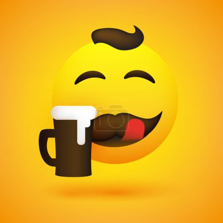 Ilustración de Emoji masculino sonriente, que lame la boca con bigote, pelo y taza de cerveza - Emoticono feliz simple sobre fondo amarillo - Diseño vectorial para Web y mensajería instantánea - Imagen libre de derechos