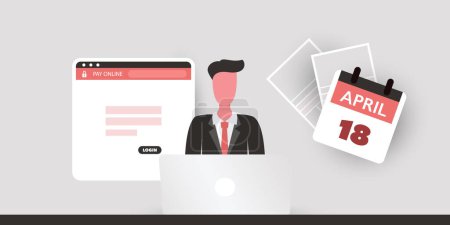 Ilustración de Tax Day Reminder Design - Using Internet, App, Web Site for Federal Income Tax Document Submission - Concept with Business Man Behind a Laptop - USA Tax Deadline, Due Date: 18th April, Year 2023 - Imagen libre de derechos