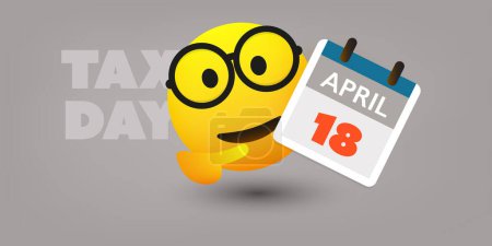 Illustration for Tax Day Reminder Concept Design, Vector Template with Smiling Emoji Showing a Calendar Page, Day of USA Tax Deadline, Due Date for IRS Federal Income Tax Returns: 18th April, Year 2023 - Royalty Free Image