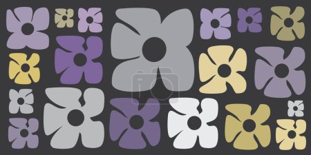 Illustration for Simple Retro Style Flowers of Various Sizes and Colors Pattern - Summer or Sping Theme from the 60s, 70s - Grey, Brown and Purple Colored Bold Vintage Texture on Dark Vector Background - Royalty Free Image