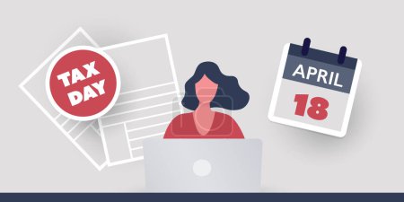 Illustration for Tax Day Reminder Concept - Using Internet, App, Web Site for Federal Income Tax Document Return - Woman Behind a Laptop - USA Tax Deadline, Due Date: 18th April Year 2023 - Royalty Free Image