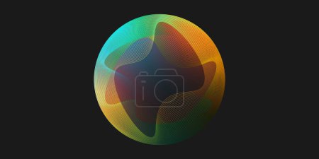 Ilustración de Rayas onduladas de color marrón, verde y azul, líneas que forman una forma de globo redondo 3D multicolor transparente, esfera vacía transparente - Plantilla de diseño, ilustración vectorial para tecnología en fondo oscuro - Imagen libre de derechos