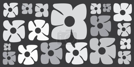 Illustration for Simple Retro Style Flowers of Various Sizes Pattern - Summer or Sping Theme from the 60s, 70s - Black, Grey and White Bold Vintage Texture Design on Dark Grey Vector Background - Royalty Free Image