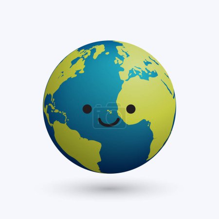 Téléchargez les illustrations : Globe Terre avec Visage Souriant Doux et Mignon - Concept Créatif Planète pour le Jour de la Terre, Campagnes Sauvons le Monde - Illustration vectorielle avec des couleurs vertes et bleu clair - en licence libre de droit