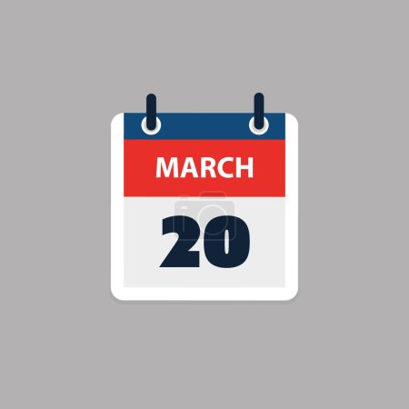 Illustration for Simple Calendar Page for Day of 20th March - Banner, Graphic Design Isolated on Grey Background - Design Element for Web, Flyers, Posters, Useful for Designs Made for Any Scheduled Events, Meetings - Royalty Free Image