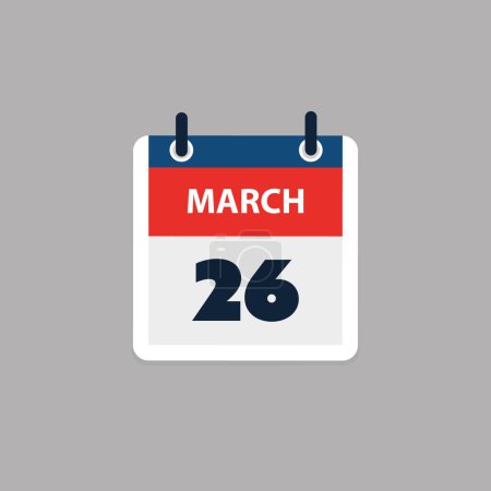 Illustration for Simple Calendar Page for Day of 26th March - Banner, Graphic Design Isolated on Grey Background - Design Element for Web, Flyers, Posters, Useful for Designs Made for Any Scheduled Events, Meetings - Royalty Free Image